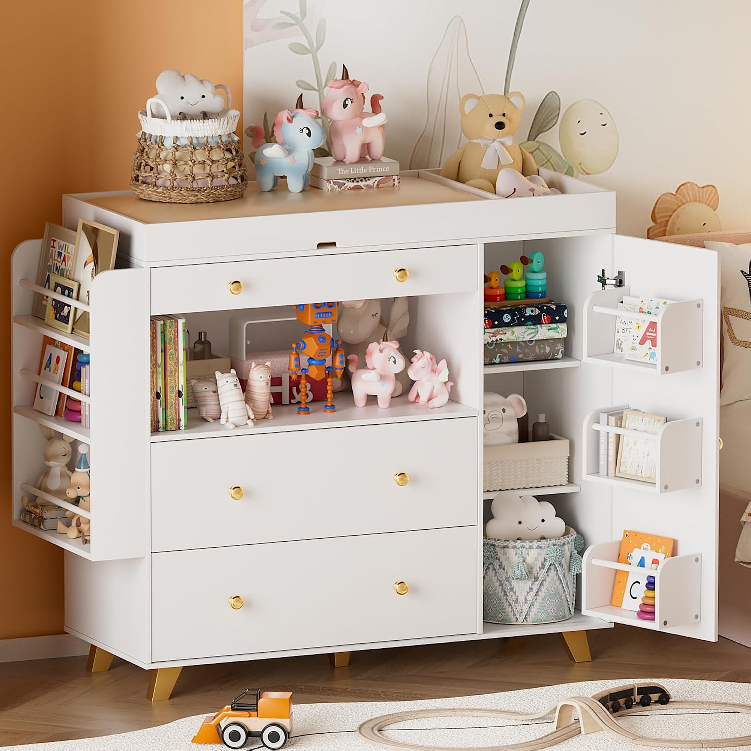 Baby Nursery Dresser Changing Table - ベビー用おむつ交換台付きナーサリードレッサー、モダンなおむつ交換台、3つの引き出しと棚付きナーサリー用ドレッサー、収納C