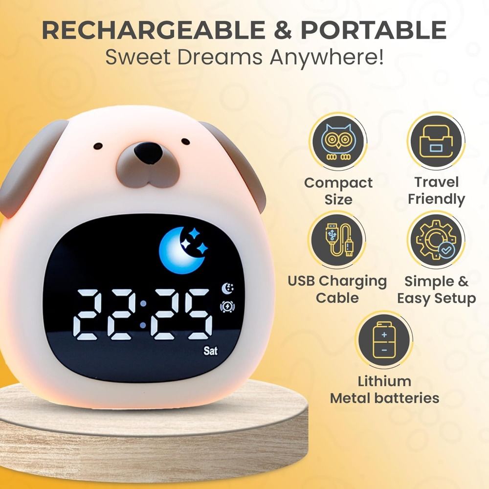 Sound Sleep Trainer Clock - 新しい明るい目覚まし時計、犬のデザイン、睡眠トレーナー機能付き幼児用ナイトライト、USB電源、8色＆6種類の音、子供用サウンドマシン