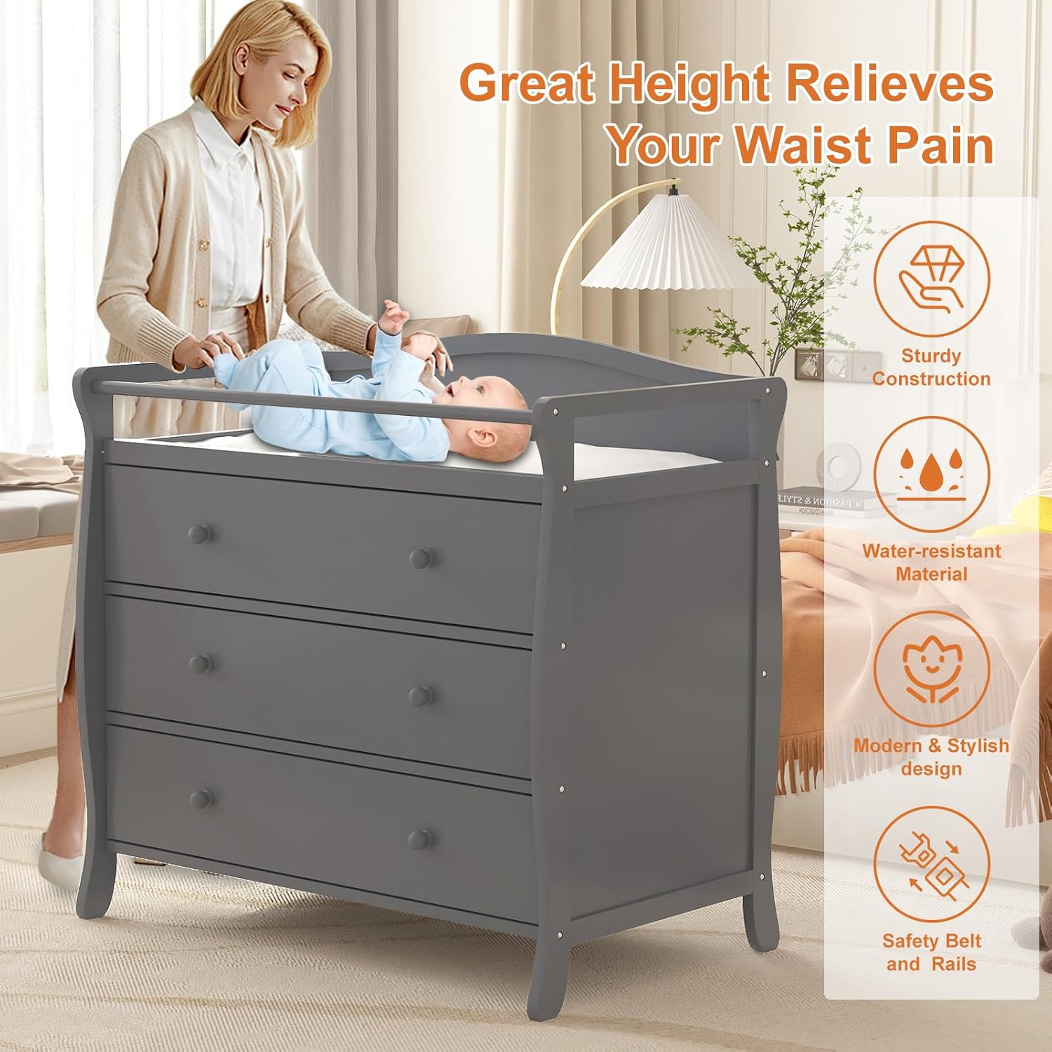Baby Nursery Dresser Changing Table - 3段引き出し付きベビーおむつ交換台、木製おむつ交換台、安全ベルトとレール付き、保育園や寝室用の幼児用ドレッサー