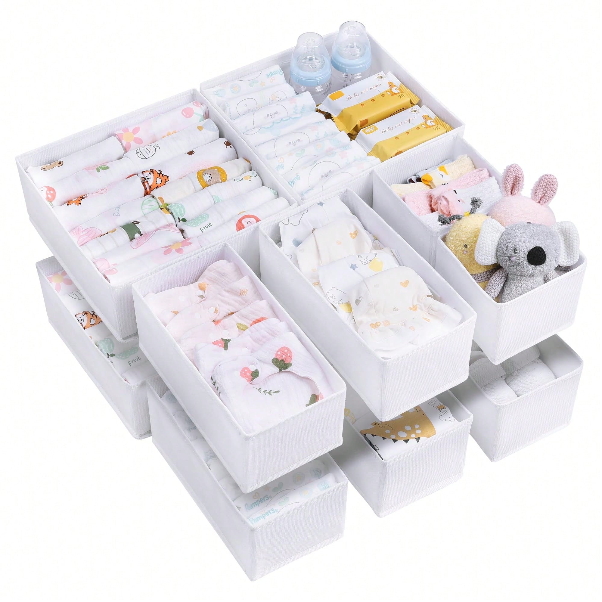 Baby Nursery Dresser Changing Table - 12個セット ベビー服収納ボックス ドレッサー引き出しオーガナイザー ホワイトファブリック 折りたたみ式クローゼット引き出し収納ボックス ベビー服、靴下、おむつ、おむつ替え台用ギフトセット