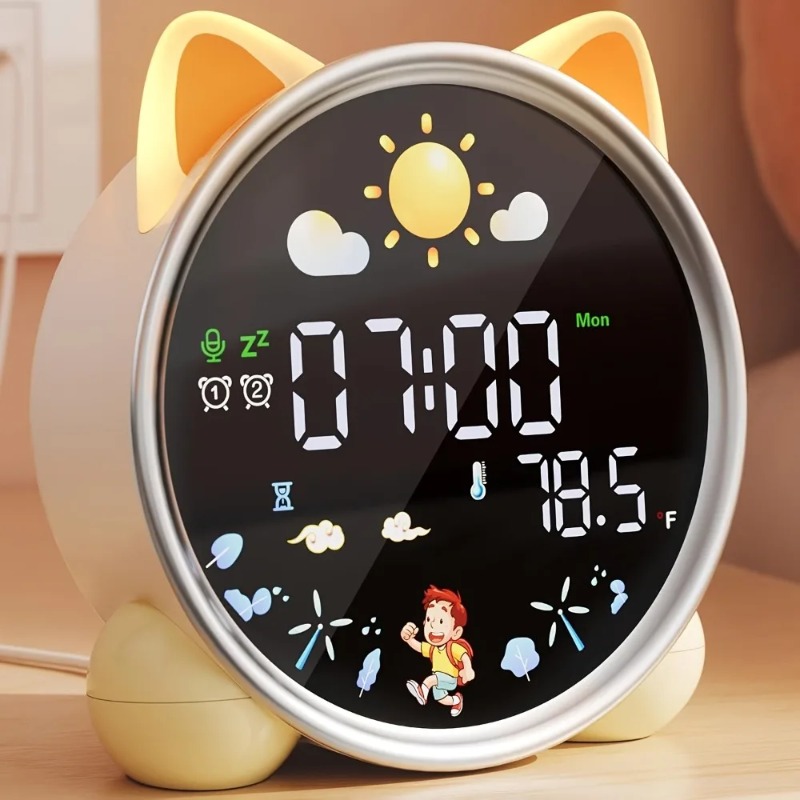 Sound Sleep Trainer Clock - 子供用目覚まし時計、起きやすくなるための睡眠トレーナー、ナイトライト、サウンドマシン、かわいい猫のデザイン、幼児向けの楽しい目覚まし時計、ギフト