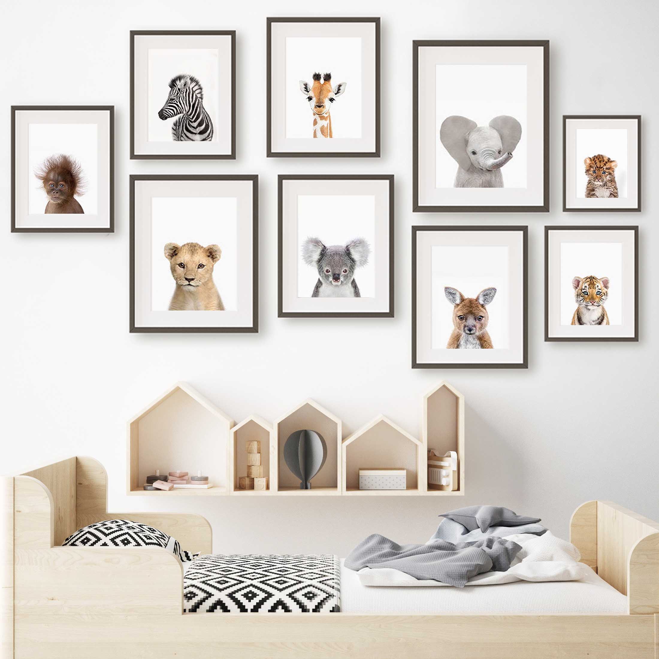 Baby Zoo Nursery - 1枚のフレームレスキャンバス絵画、赤ちゃん動物保育園の壁飾り、サファリジャングル動物の絵、子供部屋の装飾、かわいい動物園の絵