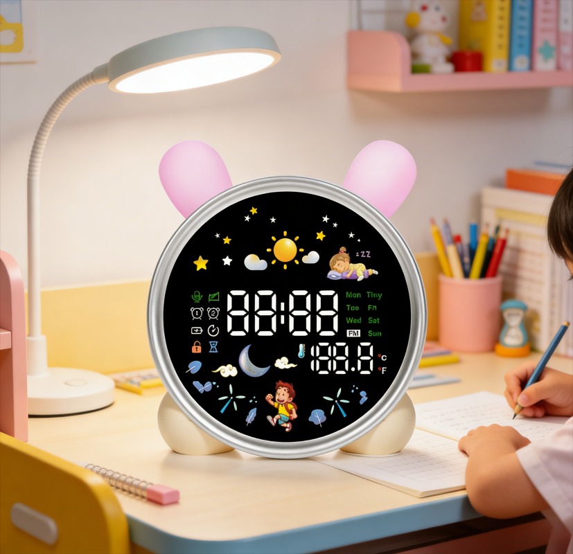 Sound Sleep Trainer Clock - 子供用目覚まし時計、起きやすくなるための睡眠トレーナー、ナイトライト、サウンドマシン、かわいい猫のデザイン、幼児向けの楽しい目覚まし時計、ギフト