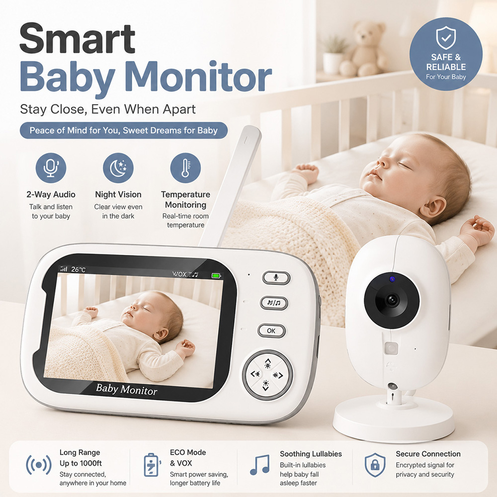Wearable Baby Monitor - 3.5インチベビーモニター（カメラと音声付き）、720Pビデオベビーモニター、双方向通話、ナイトビジョン、温度センサー、子守唄
