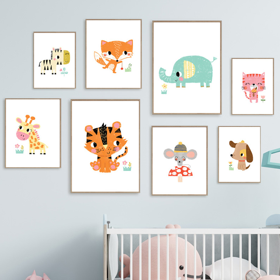 Baby Zoo Nursery - 1pc フレームレスキャンバス絵画漫画赤ちゃん動物保育園壁アートプリントかわいいカラフルなジャングル動物園動物キャンバスポスター子供 R