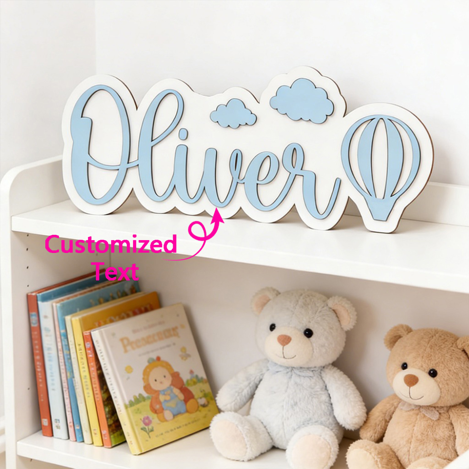 Baby Nursery Letters - パーソナライズされた熱気球と雲の名前入りルームサイン、カスタマイズ可能なパステルブルーの木製飾り板、保育園の寝室の装飾、素敵な贈り物