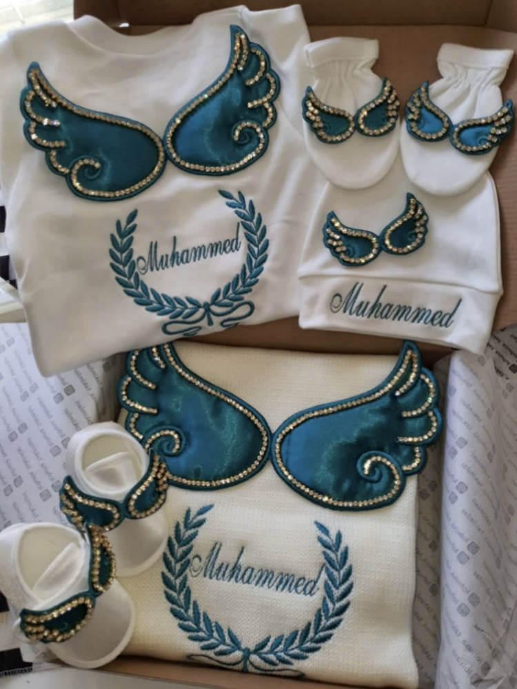 Baby Nursery Embroidery - Dollbling 病院出口 5 個刺繍名入り新生児角翼ロンパースブランケット保育園寝具おくるみ手作り幼児服