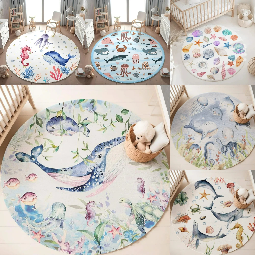 Baby Nursery Letters - ブルーマリンアニマルラウンドカーペット リビングルーム用 女の子の部屋 子供用プレイルームマット 寝室用ソフトラグ 保育園装飾