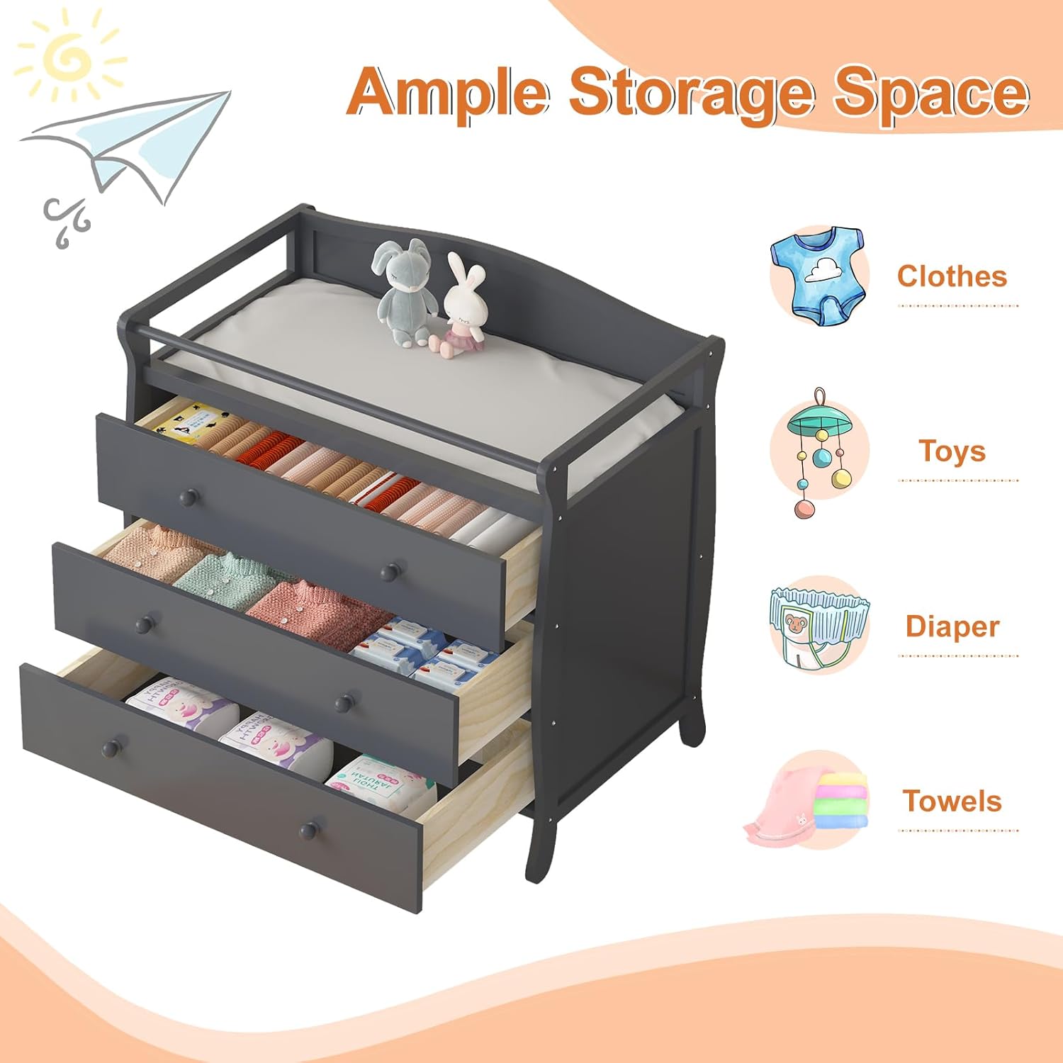 3段引き出し付きベビーおむつ交換台、木製おむつ交換台、安全ベ - Baby Nursery Dresser Changing Table のレビューと価格