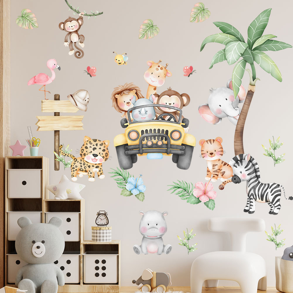 子供部屋用漫画風ゾウ、キリン、木のウォールステッカー、粘着式 - Baby Zoo Nursery のレビューと価格